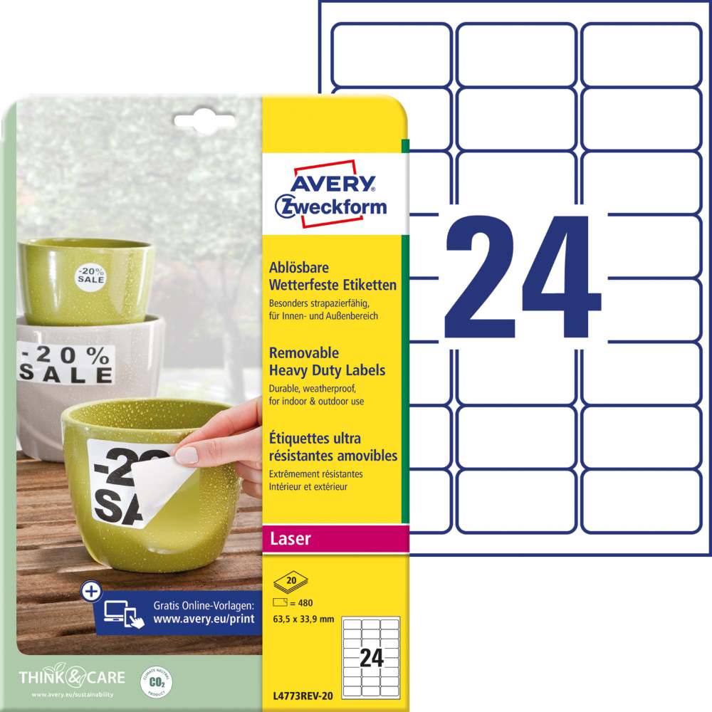 Etikete poliestrske bele zelo odporne odstranljive Avery Zweckform L4773REV-20, 63,5 x 33,9 mm