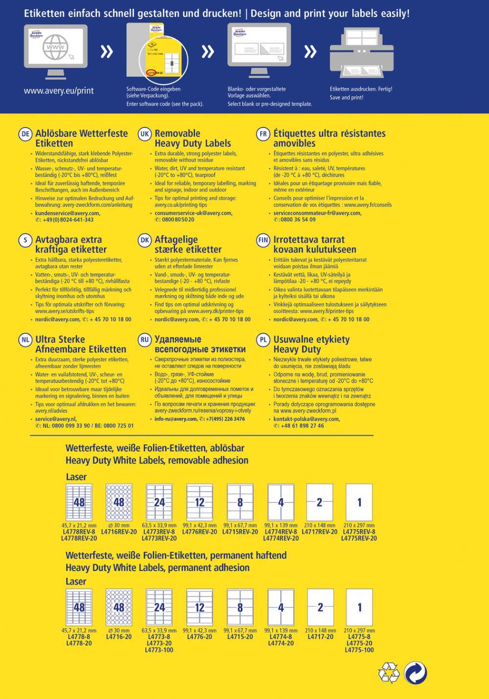 Etikete poliestrske bele zelo odporne odstranljive Avery Zweckform L4773REV-20, 63,5 x 33,9 mm