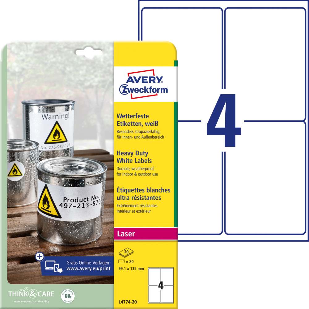 Etikete poliestrske bele zelo odporne Avery Zweckform L4774-20, 99,1 x 139 mm