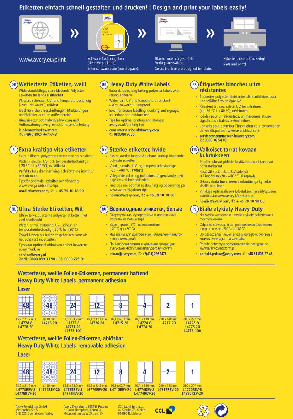 Etikete poliestrske bele zelo odporne Avery Zweckform L4775-100, 210 x 297 mm