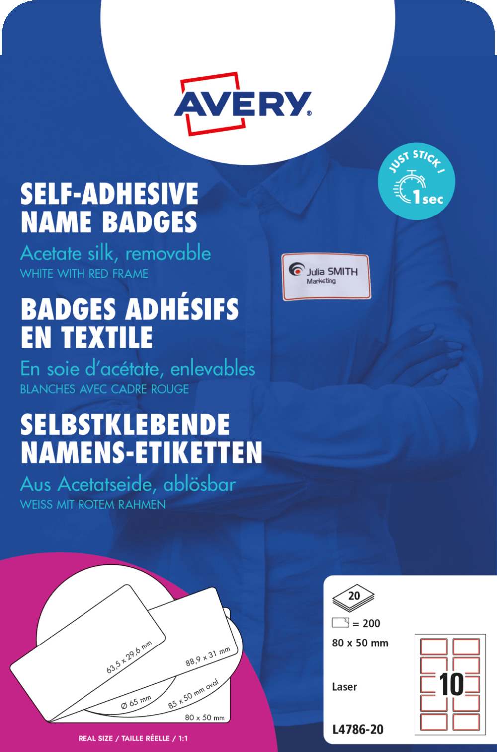 Priponke samolepilne bele z barvno obrobo za imena Avery Zweckform L4786-20, 80 x 50 mm