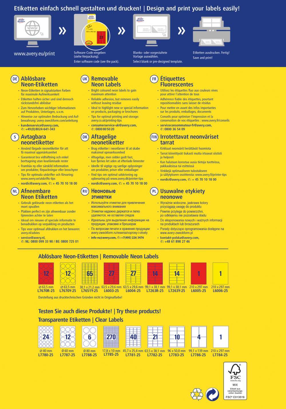 Etikete papirne neon barvne odstranljive Avery Zweckform, 63,5 x 29,6 mm