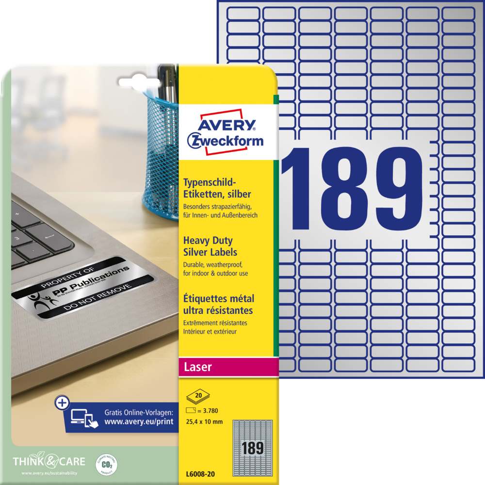 Etikete poliestrske srebrne zelo odporne Avery Zweckform L6008-20, 25,4 x 10 mm