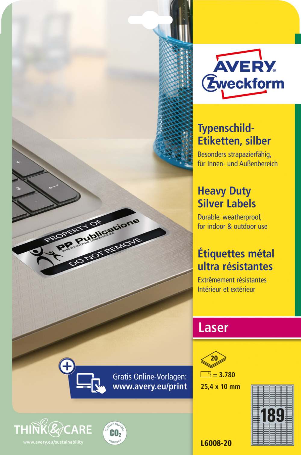 Etikete poliestrske srebrne zelo odporne Avery Zweckform L6008-20, 25,4 x 10 mm