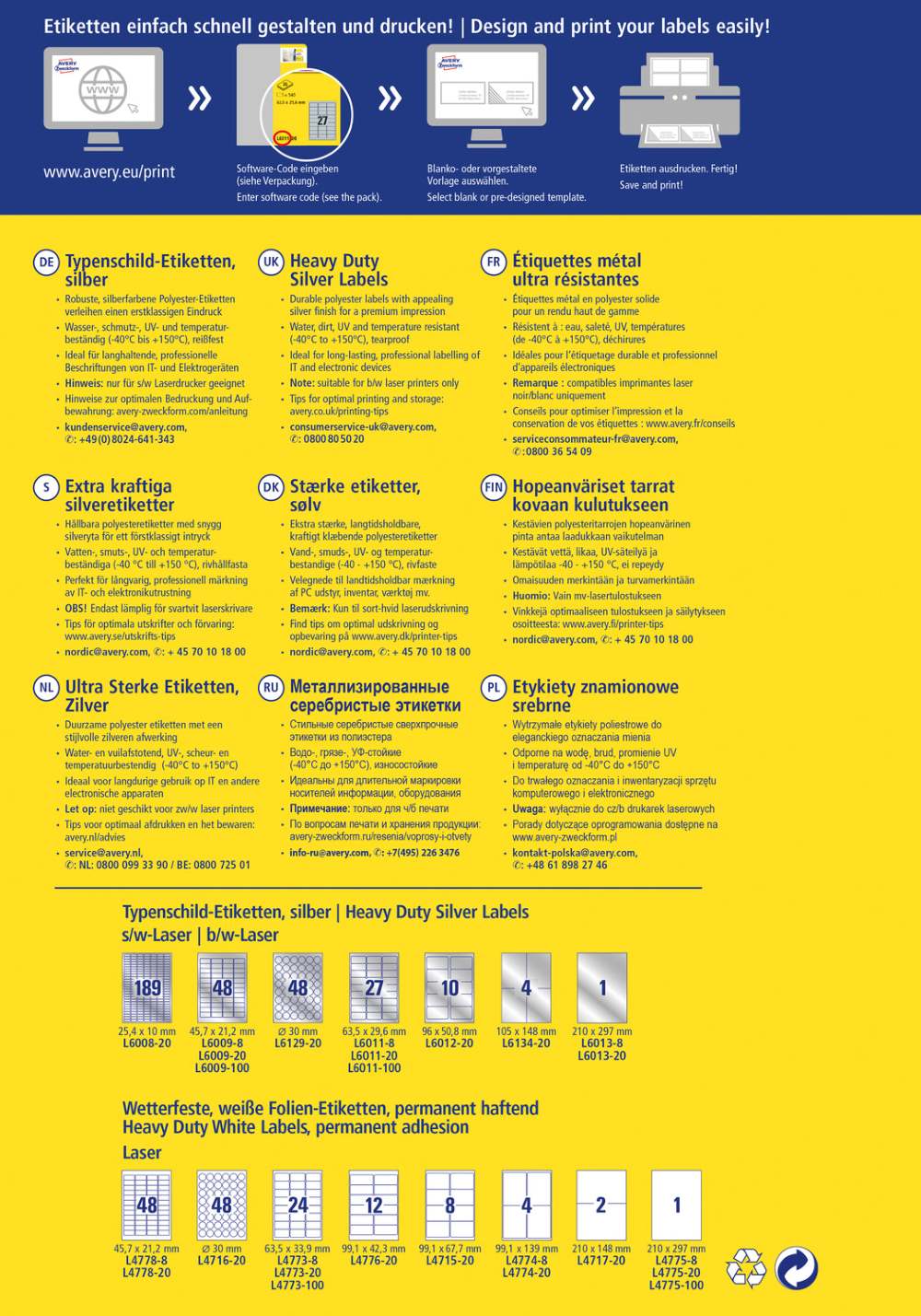 Etikete poliestrske srebrne zelo odporne Avery Zweckform L6008-20, 25,4 x 10 mm