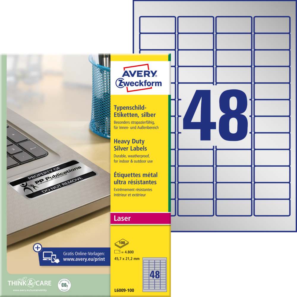 Etikete poliestrske srebrne zelo odporne Avery Zweckform L6009, 45,7 x 21,2 mm