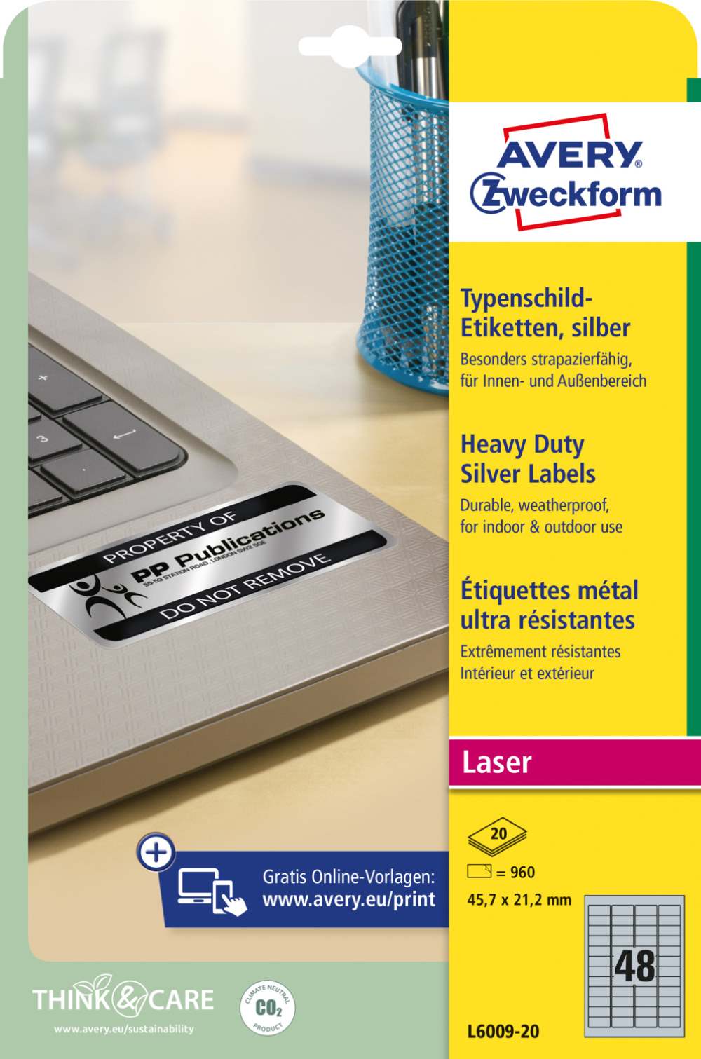 Etikete poliestrske srebrne zelo odporne Avery Zweckform L6009, 45,7 x 21,2 mm