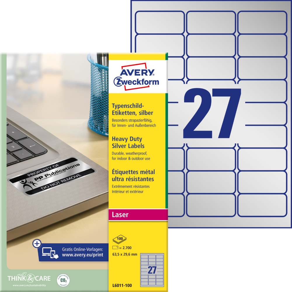 Etikete poliestrske srebrne zelo odporne Avery Zweckform L6011, 63,5 x 29,6 mm
