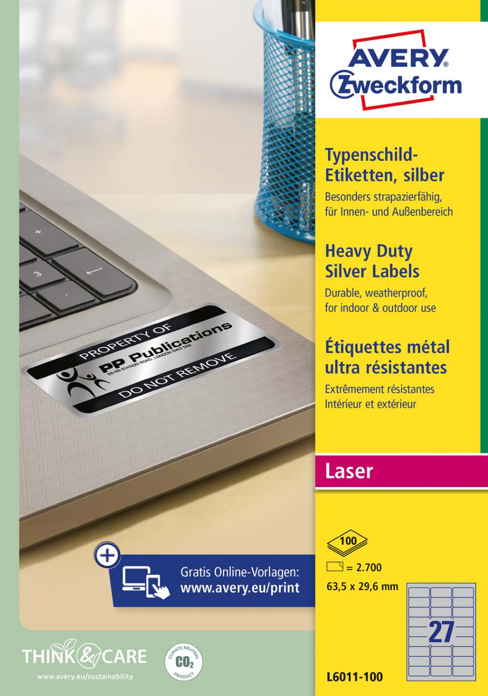 Etikete poliestrske srebrne zelo odporne Avery Zweckform L6011, 63,5 x 29,6 mm