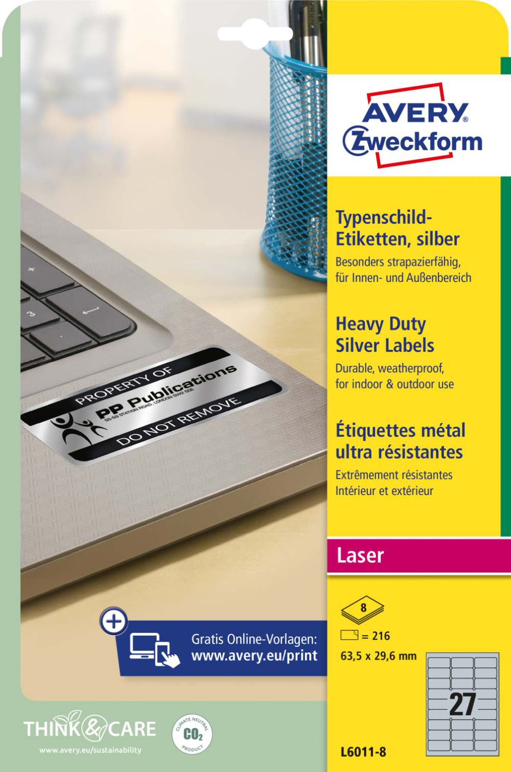 Etikete poliestrske srebrne zelo odporne Avery Zweckform L6011-8, 63,5 x 29,6 mm