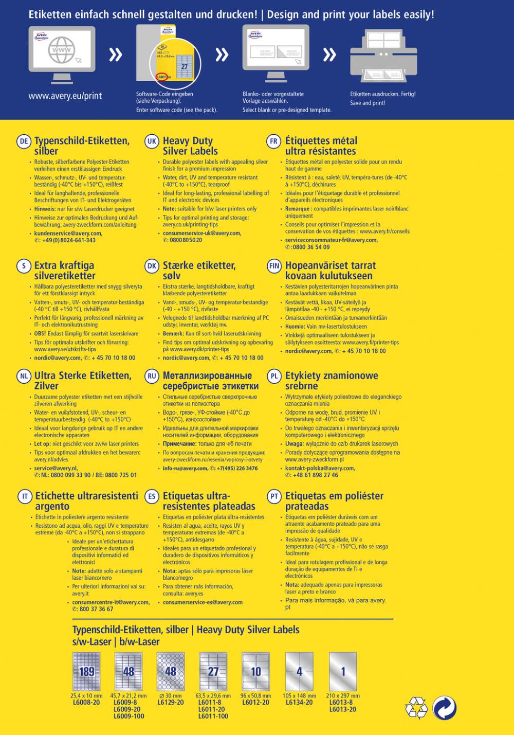 Etikete poliestrske srebrne zelo odporne Avery Zweckform L6011-8, 63,5 x 29,6 mm