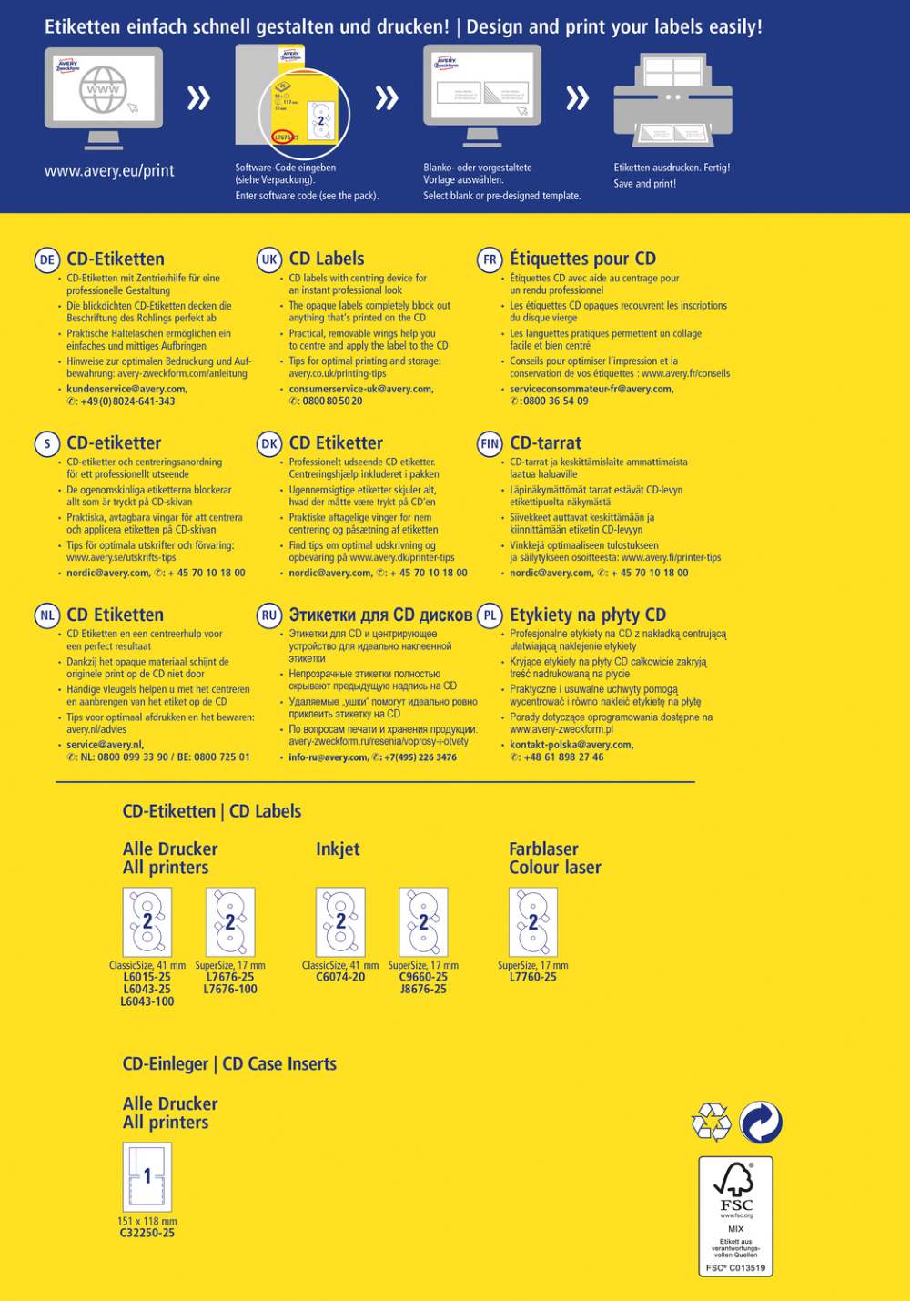 Etikete bele za CD ClassicSize s centrirnim obročkom Avery Zweckform L6015-25, fi 117 mm