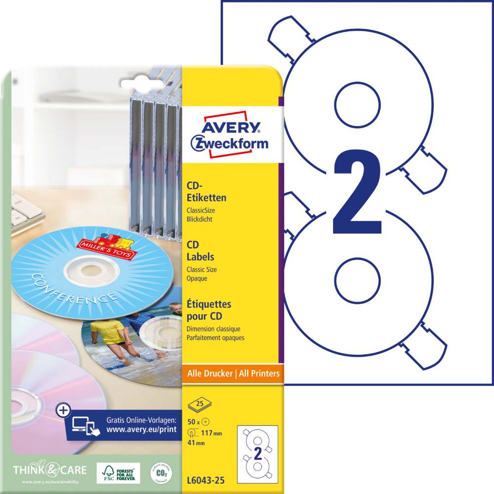 Etikete bele za CD ClassicSize Avery Zweckform L6043, fi 117 mm