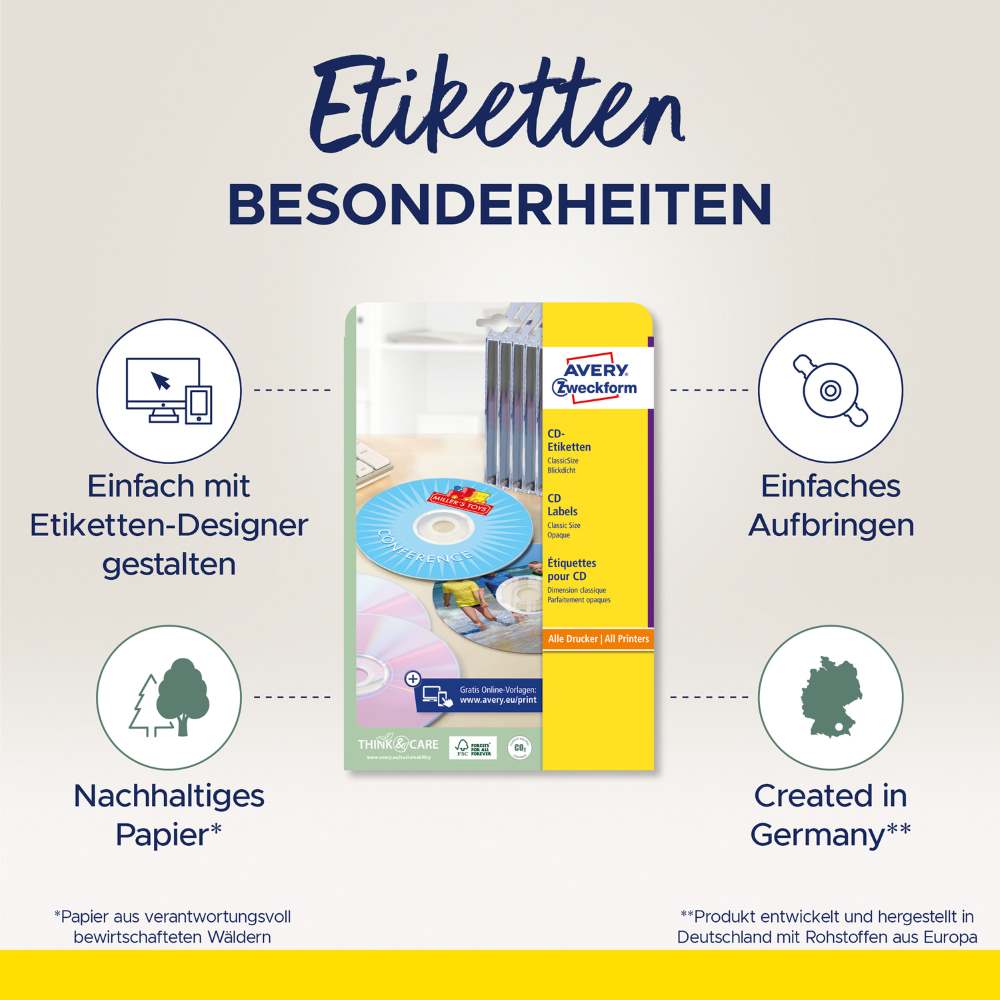Etikete bele za CD ClassicSize Avery Zweckform L6043, fi 117 mm