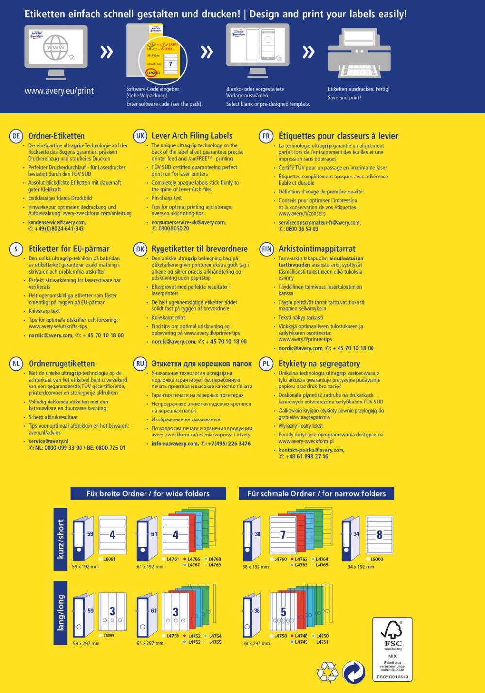 Etikete papirne bele prekrivne za široke registratorje Avery Zweckform L6061-25, 192 x 59 mm