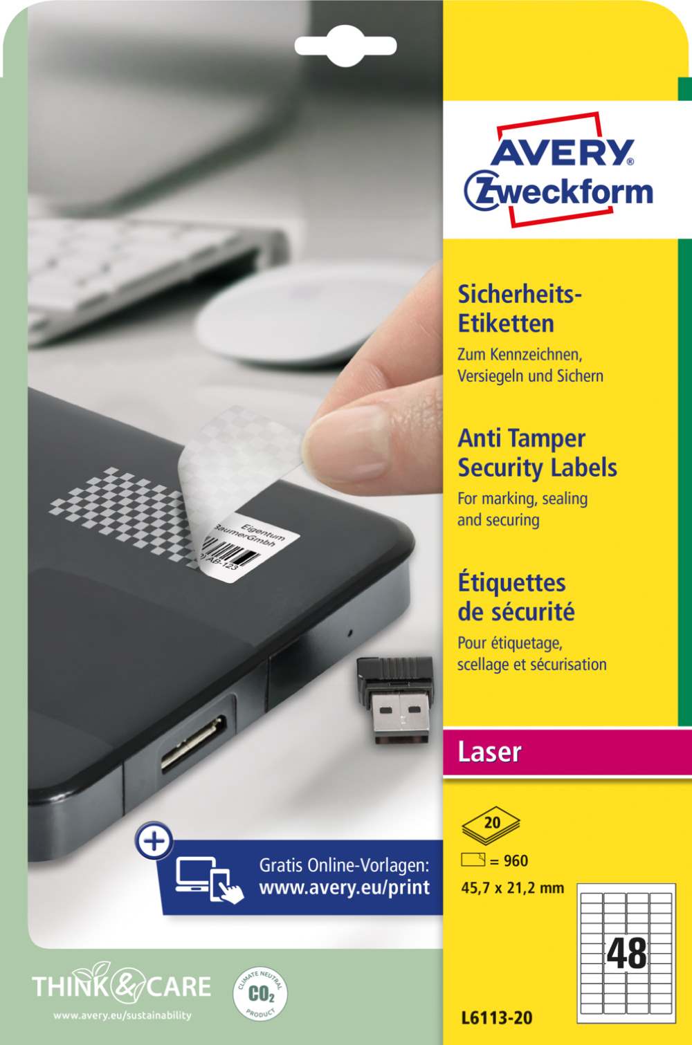 Etikete poliestrske bele okrogle zaščitne Avery Zweckform L6113-20, 45,7 x 21,2 mm
