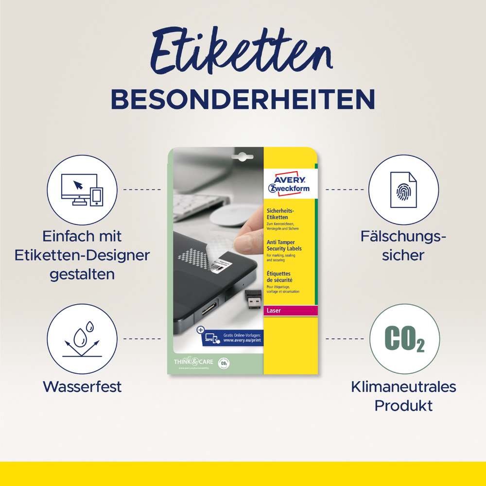 Etikete poliestrske bele okrogle zaščitne Avery Zweckform L6114-20, 63,5 x 29,6 mm