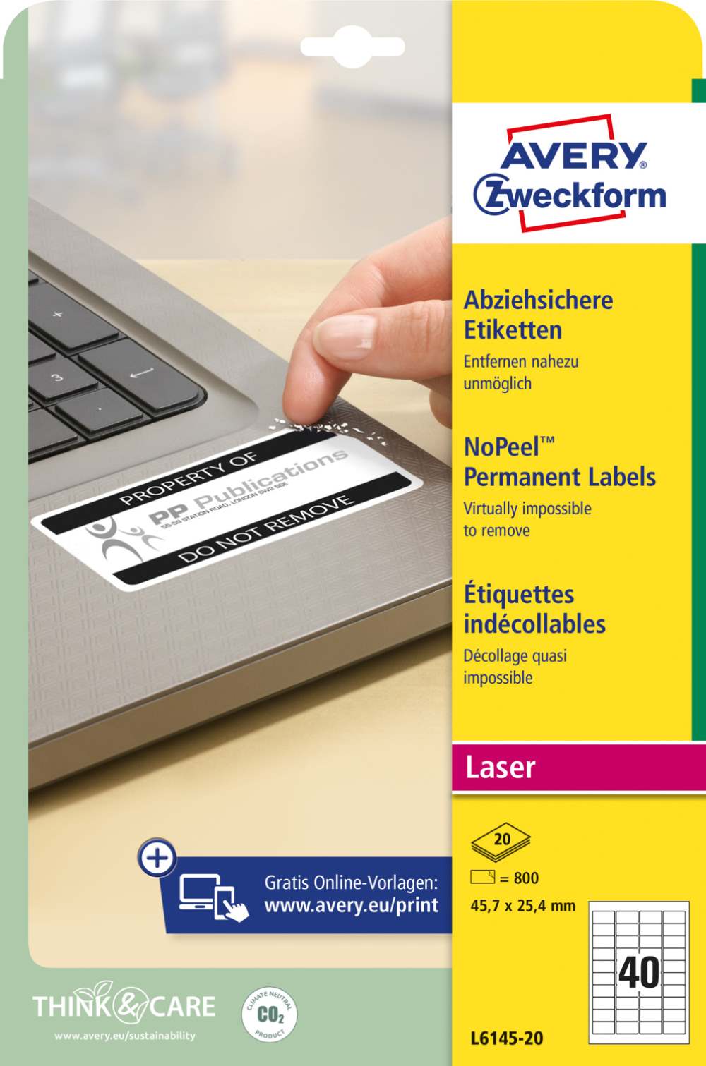 Etikete bele varovalne NoPeel Avery Zweckform L6145-20, 45,7 x 25,4 mm