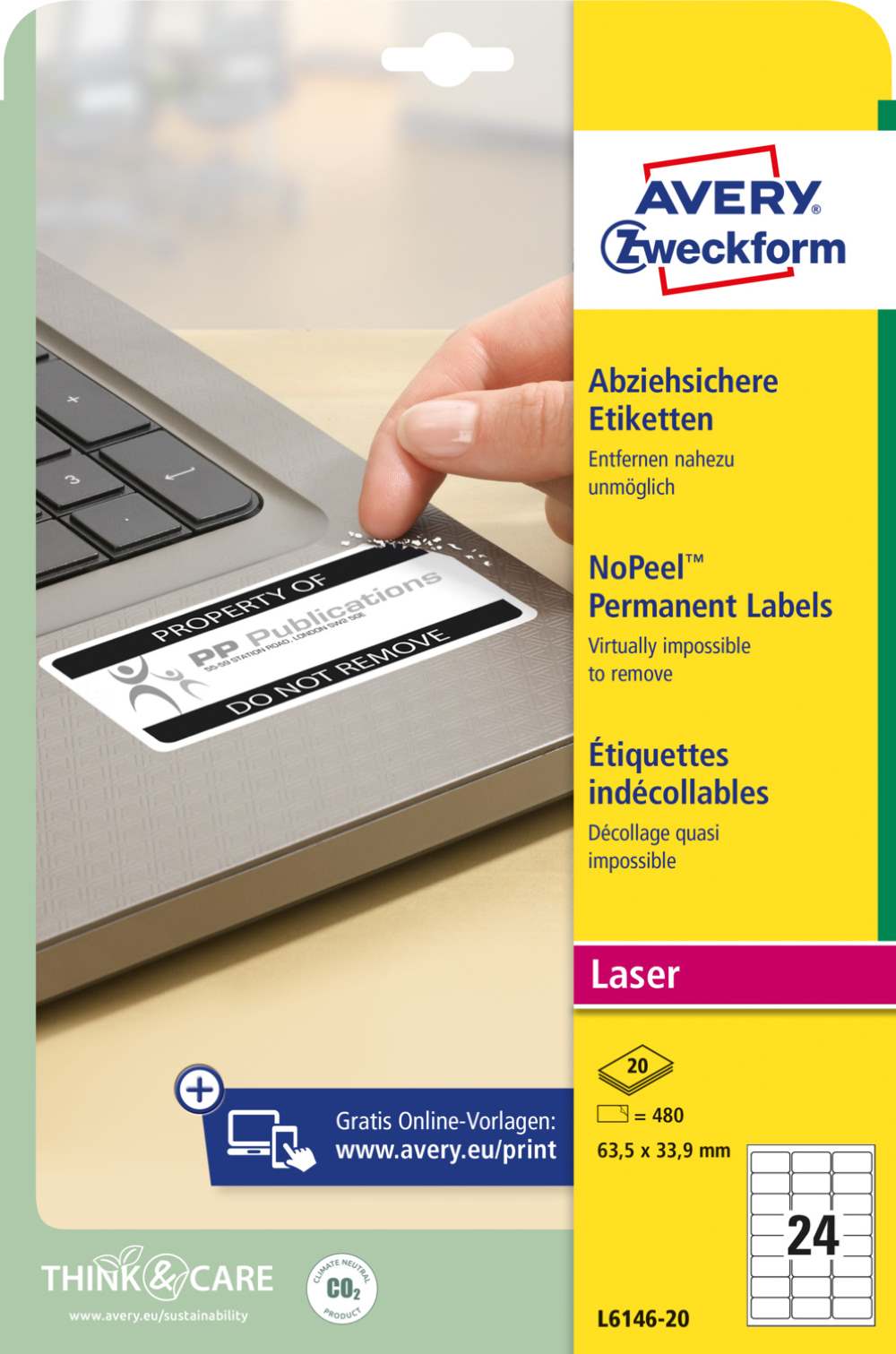Etikete bele varovalne NoPeel Avery Zweckform L6146-20, 63,5 x 33,9 mm