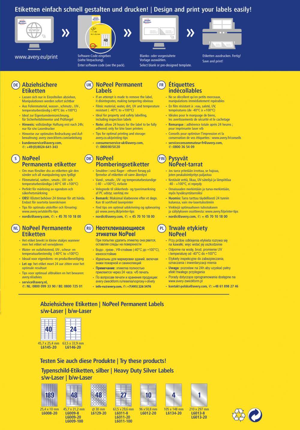 Etikete bele varovalne NoPeel Avery Zweckform L6146-20, 63,5 x 33,9 mm