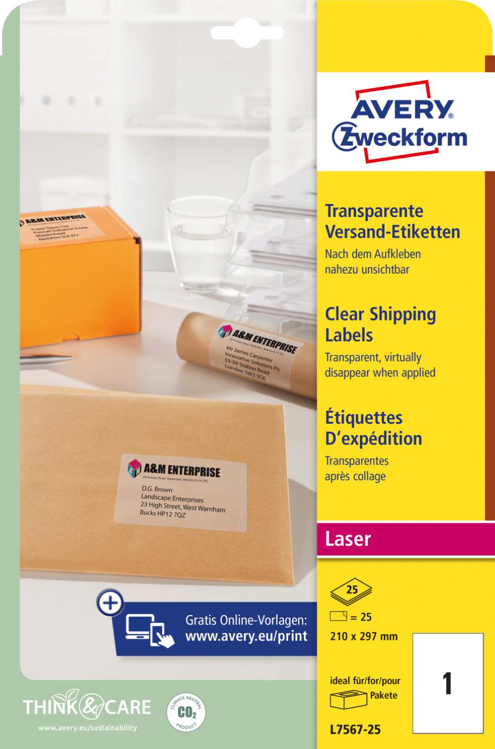 Etikete poliestrske transparentne za naslove Avery Zweckform L7567-25, 210 x 297 mm