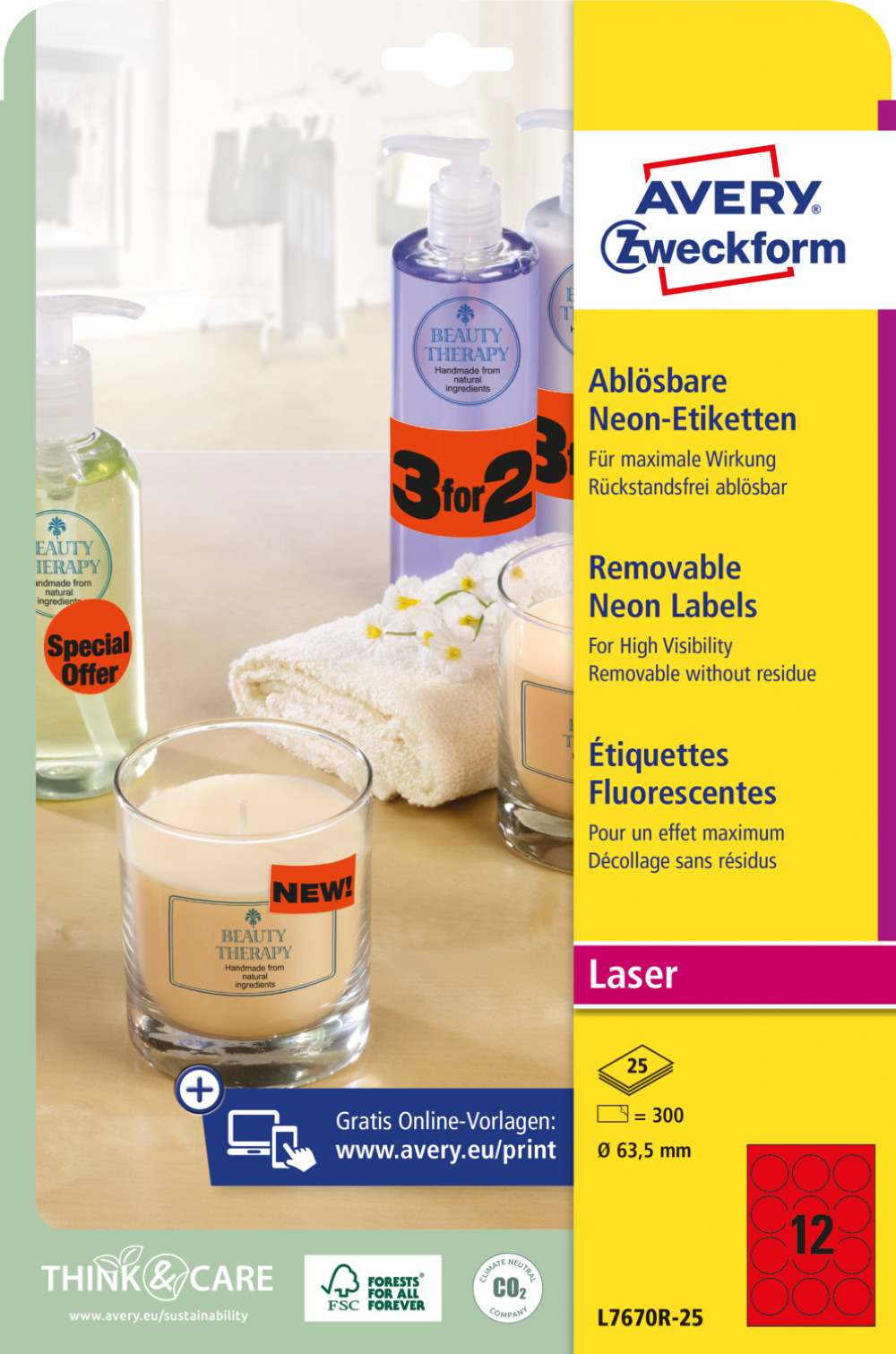 Etikete papirne neonsko rdeče odstranljive Avery Zweckform L7670R-25, fi 63,5 mm