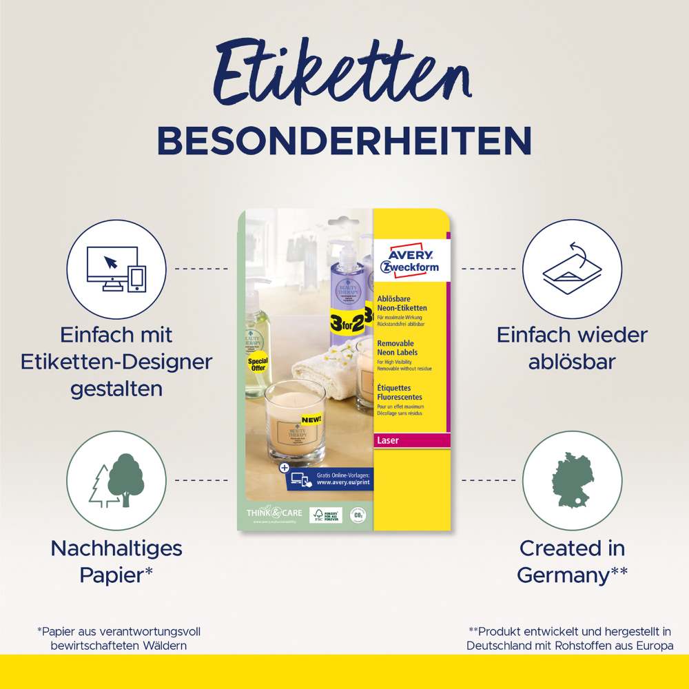 Etikete papirne neonsko rumene odstranljive Avery Zweckform L7670Y-25, fi 63,5 mm