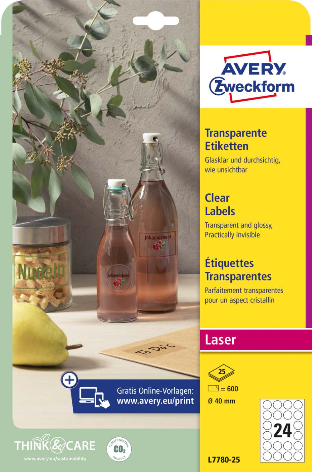 Etikete poliestrske transparentne svetleče Avery Zweckform L7780-25, fi 40 mm