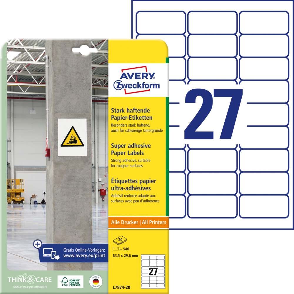 Etikete papirne bele s super močnim lepilom Avery Zweckform L7874-20, 63,5 x 29,6 mm