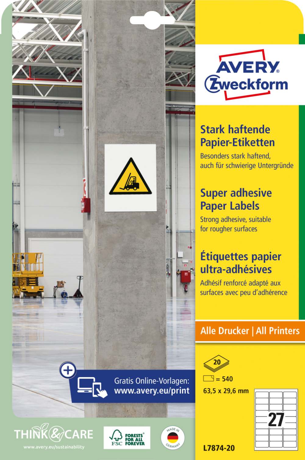 Etikete papirne bele s super močnim lepilom Avery Zweckform L7874-20, 63,5 x 29,6 mm