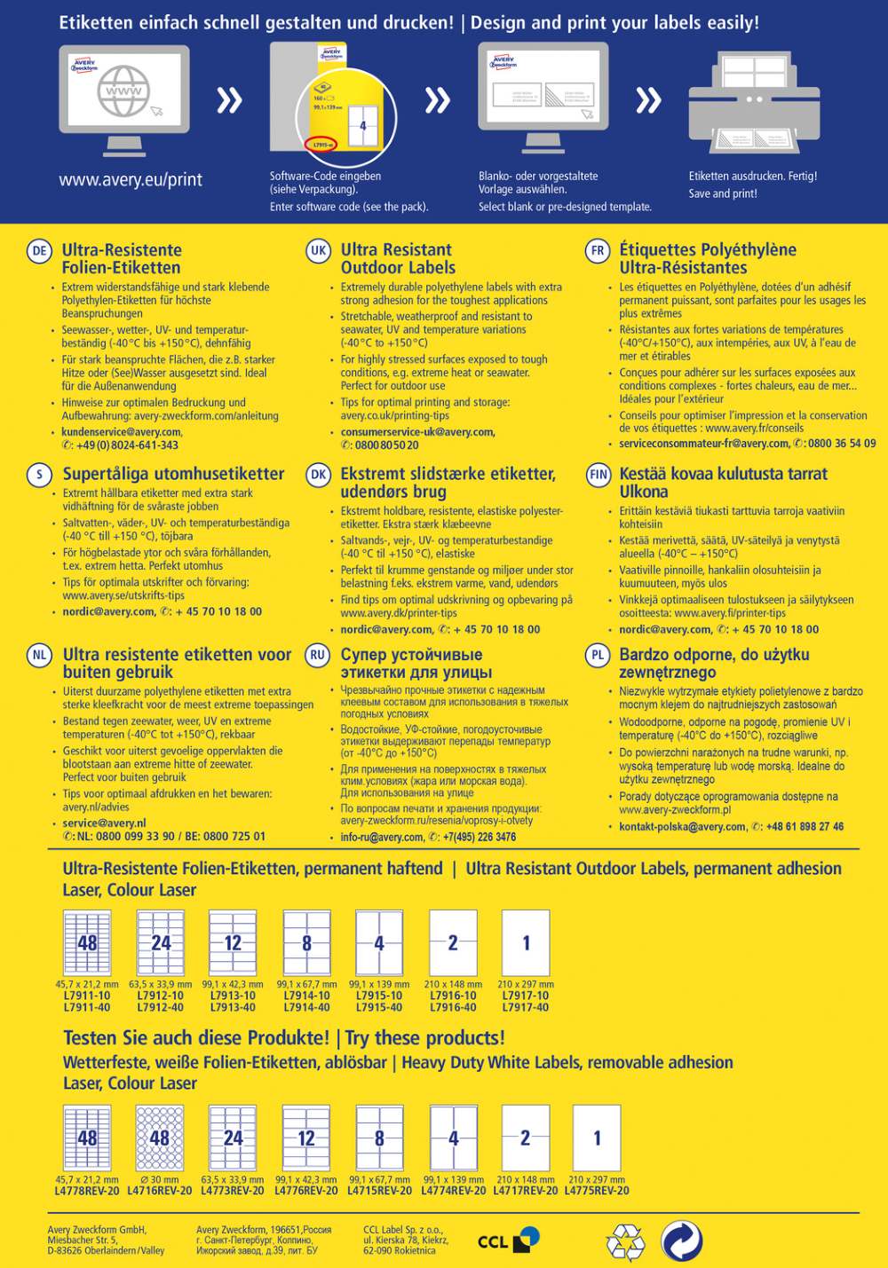 Etikete polietilenske bele izjemno odporne Avery Zweckform L7915, 99,1 x 139 mm