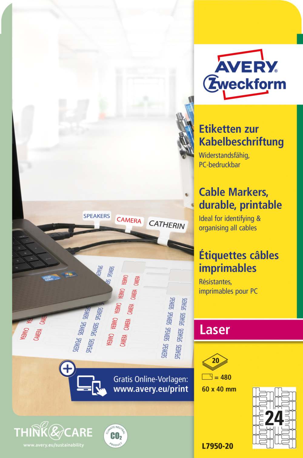 Etikete bele za označevanje kablov Avery Zweckform L7950-20, 60 x 40 mm