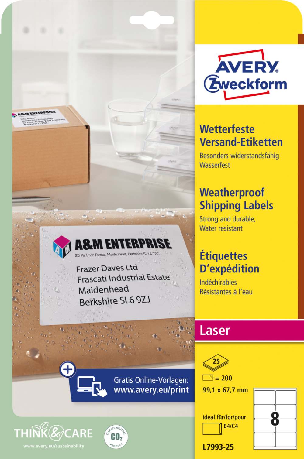 Etikete poliestrske bele zelo odporne za pakete Avery Zweckform L7993-20, 99,1 x 67,7 mm