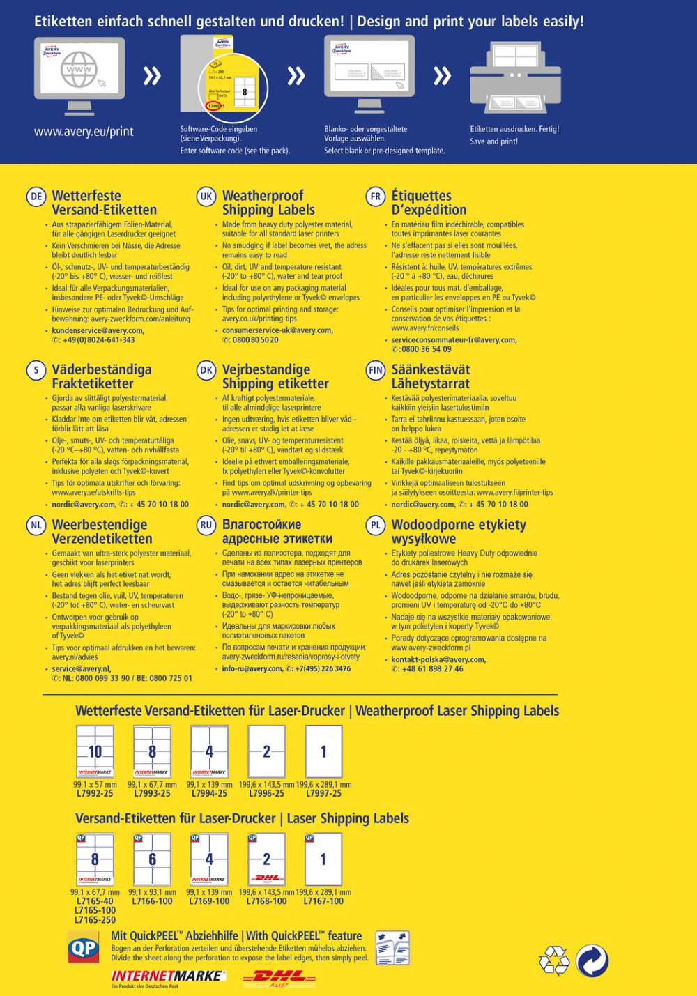 Etikete poliestrske bele zelo odporne za pakete Avery Zweckform L7994-20, 99,1 x 139 mm