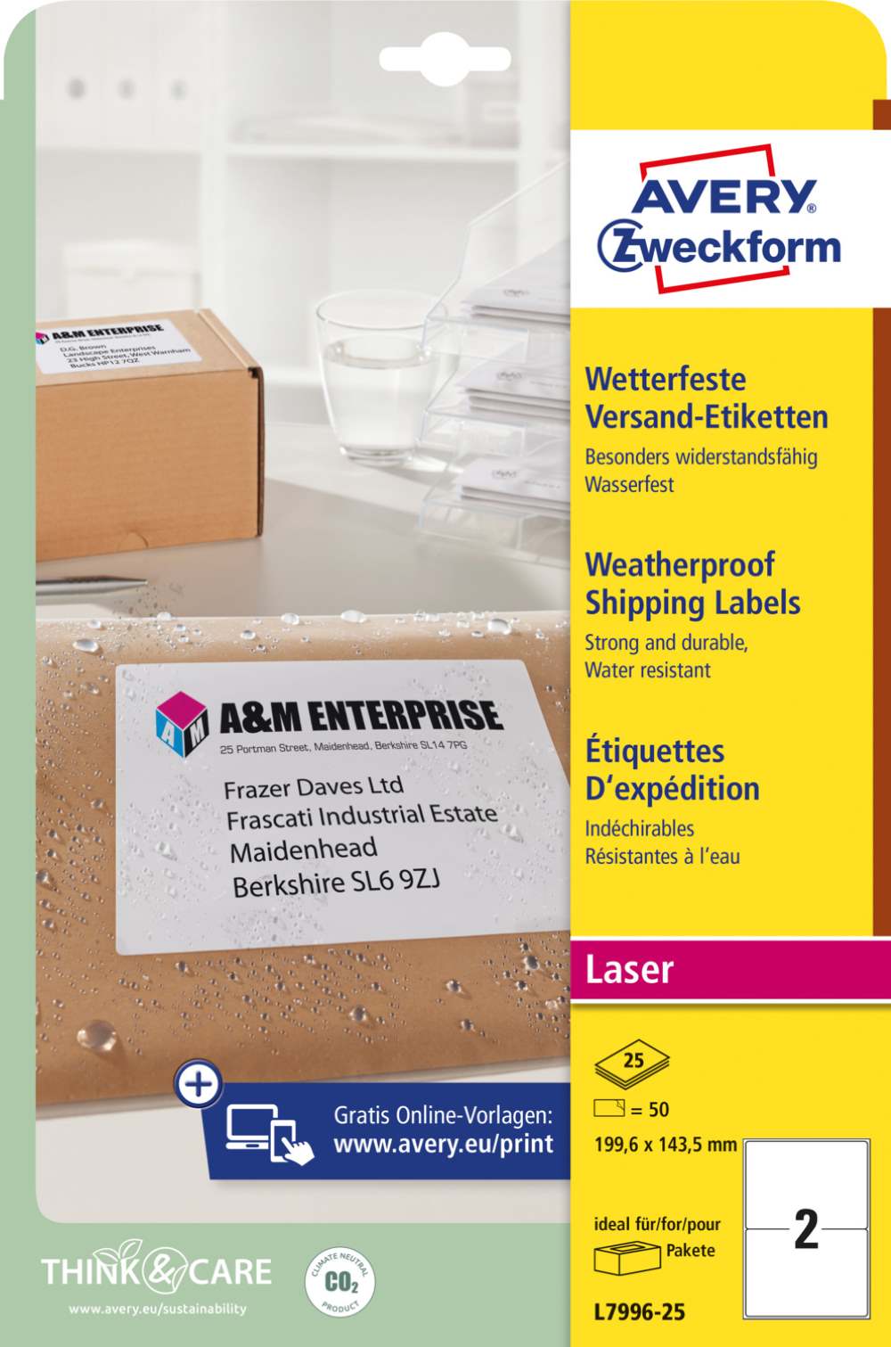 Etikete poliestrske bele zelo odporne za pakete Avery Zweckform L7996-20, 199,6 x 143,5 mm