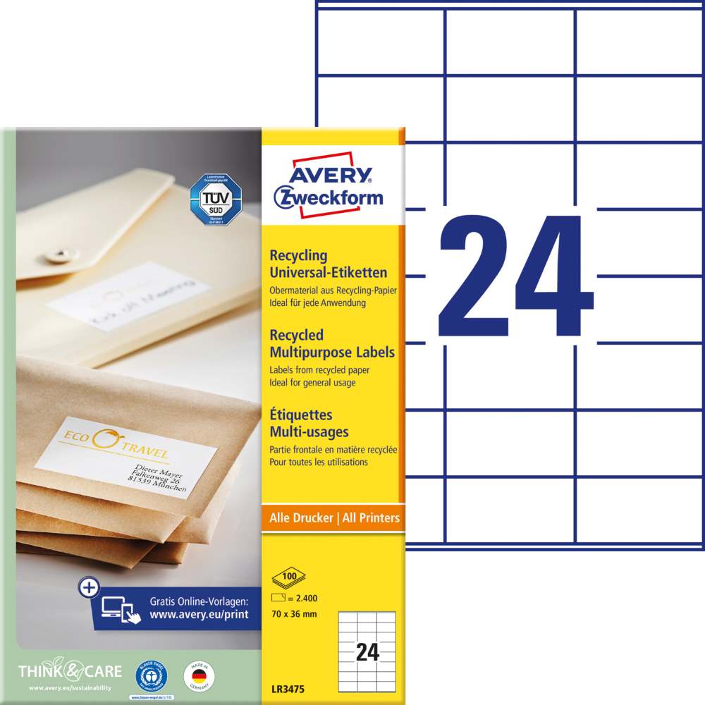 Etikete papirne bele univerzalne reciklirane Avery Zweckform LR3475, 70 x 36 mm
