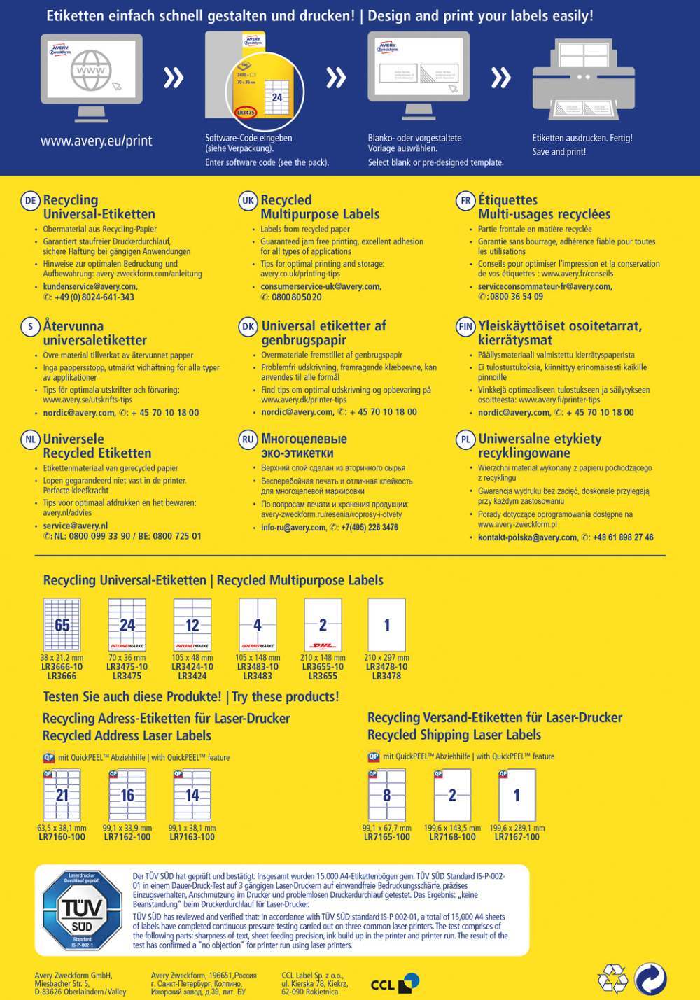 Etikete papirne bele univerzalne reciklirane Avery Zweckform LR3475, 70 x 36 mm