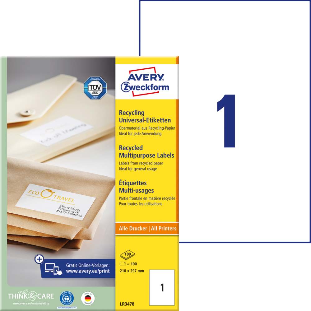 Etikete papirne bele univerzalne reciklirane Avery Zweckform LR3478, 210 x 297 mm