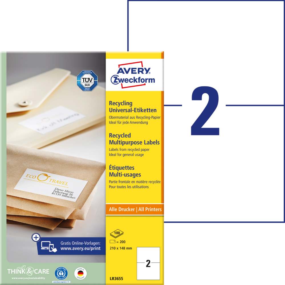 Etikete papirne bele univerzalne reciklirane Avery Zweckform LR3655, 210 x 148 mm
