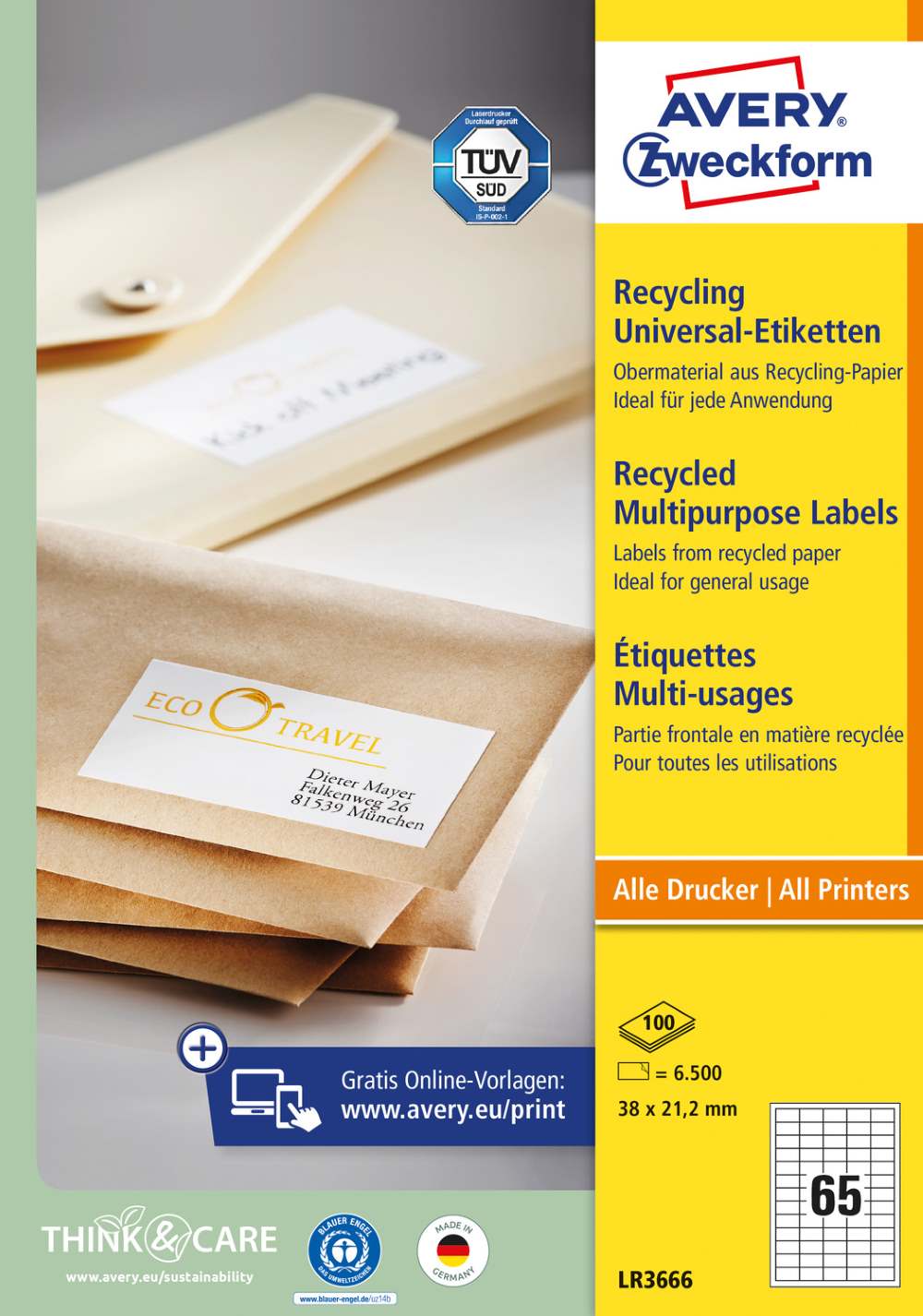Etikete papirne bele univerzalne reciklirane Avery Zweckform LR3666, 38 x 21,2 mm
