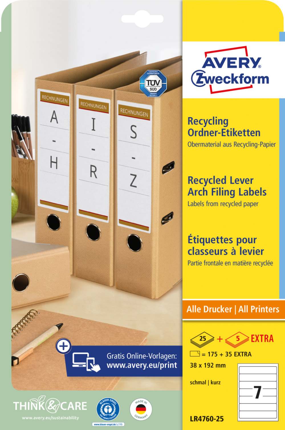 Etikete papirne bele prekrivne reciklirane za ozke registratorje Avery Zweckform LR4760-25, 192 x 38 mm