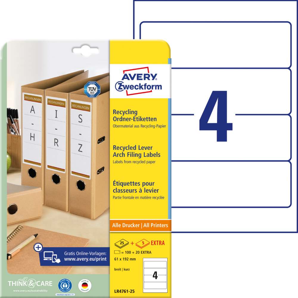 Etikete papirne bele prekrivne reciklirane za široke registratorje Avery Zweckform LR4761-25, 192 x 61 mm