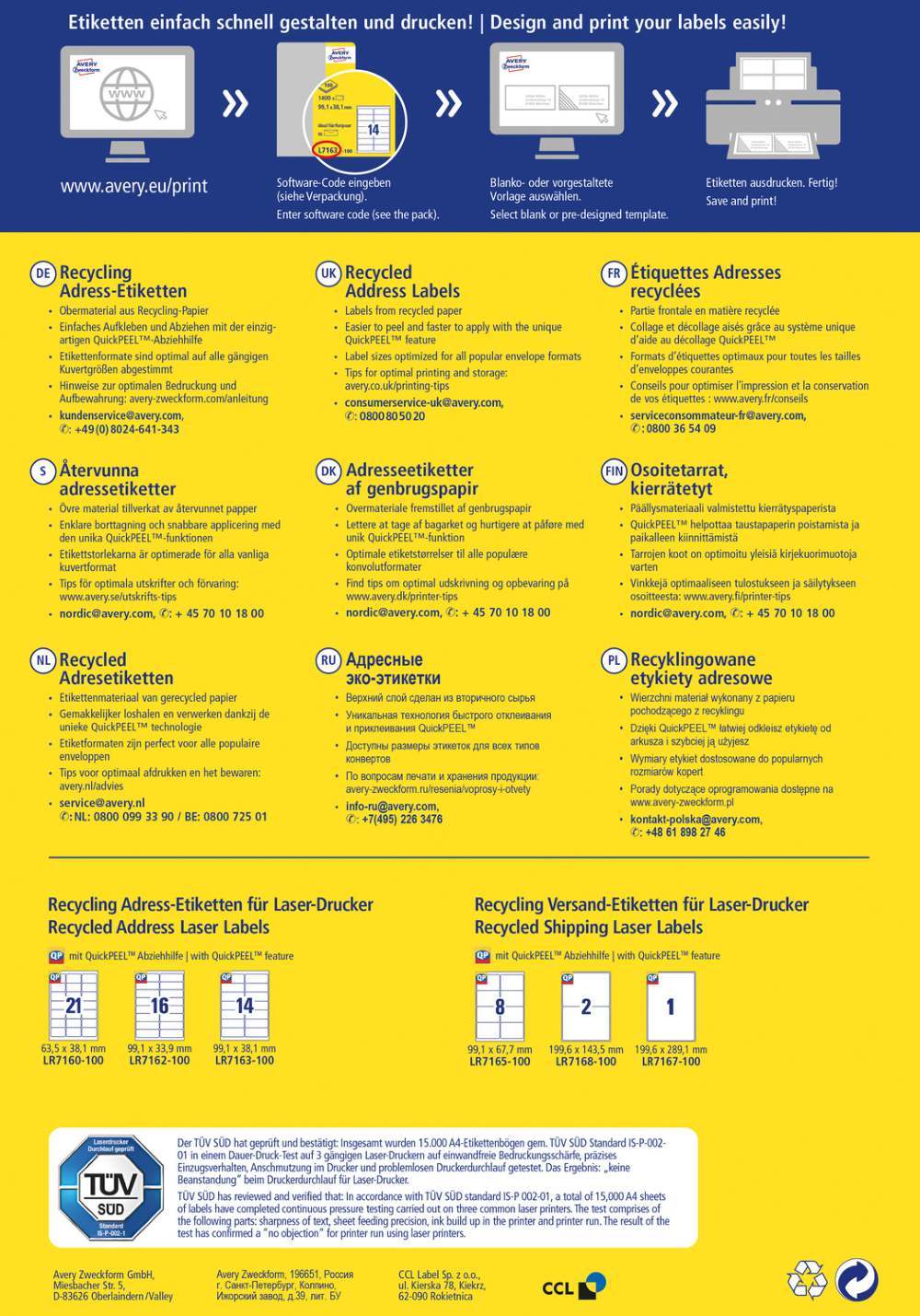 Etikete papirne bele univerzalne reciklirane Avery Zweckform LR7162-100, 63,5 x 38,1 mm