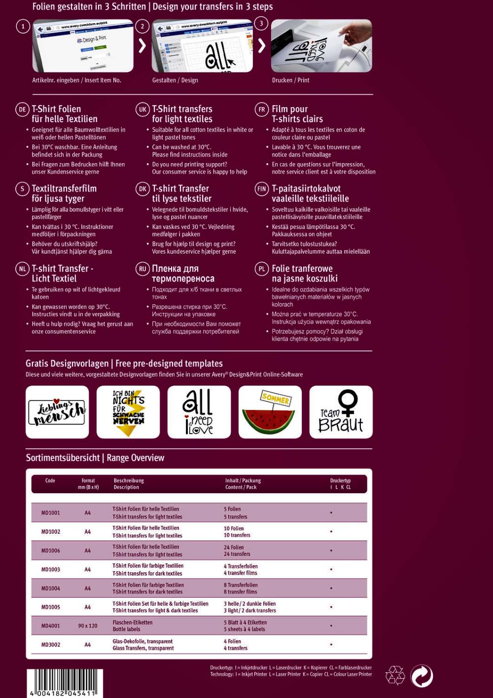 Folija za preslikavo na bele in svetle tkanine za inkjet tiskalnike Avery Zweckform MD1001
