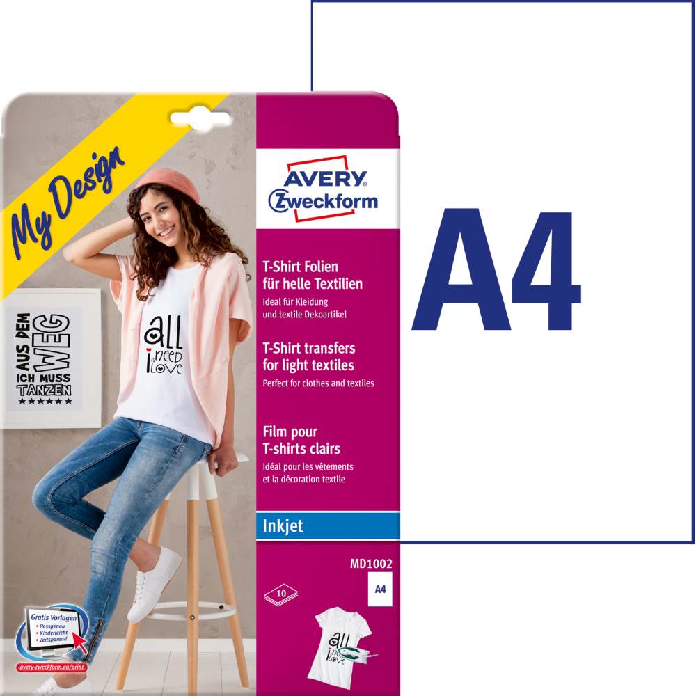 Folija za preslikavo na bele in svetle tkanine za inkjet tiskalnike Avery Zweckform MD1002