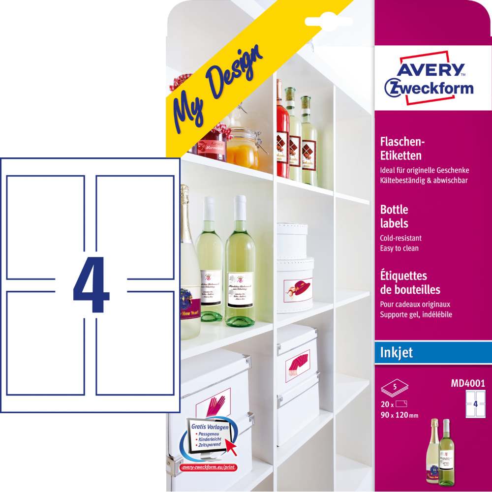 Etikete bele svetleče za steklenice Avery Zweckform MD4001, 90 x 120 mm