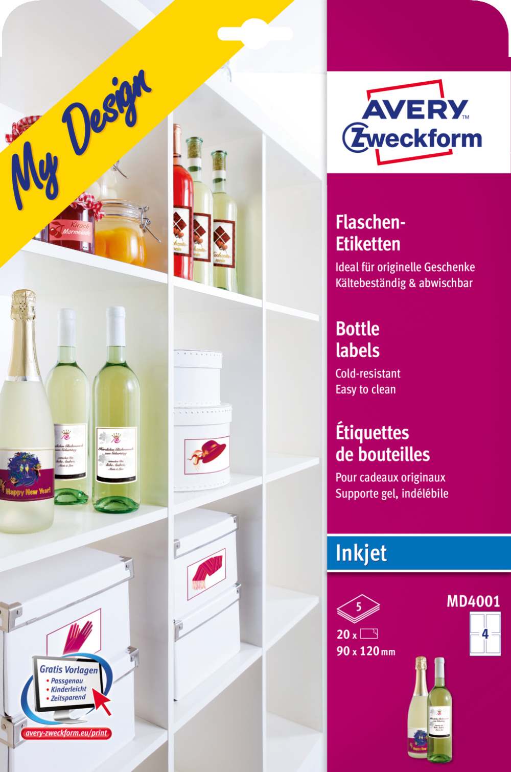 Etikete bele svetleče za steklenice Avery Zweckform MD4001, 90 x 120 mm