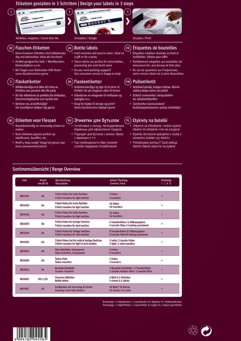 Etikete bele svetleče za steklenice Avery Zweckform MD4001, 90 x 120 mm