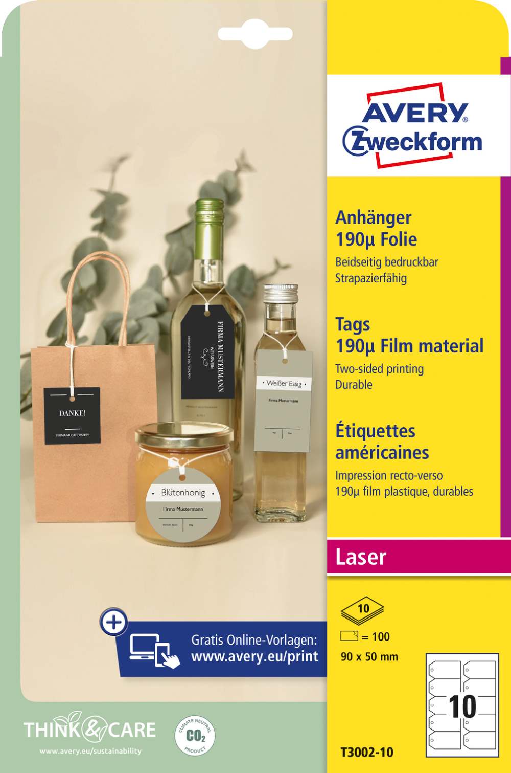 Viseče oznake bele poliestrske obojestranske Avery Zweckform T3002-10, 90 x 50 mm