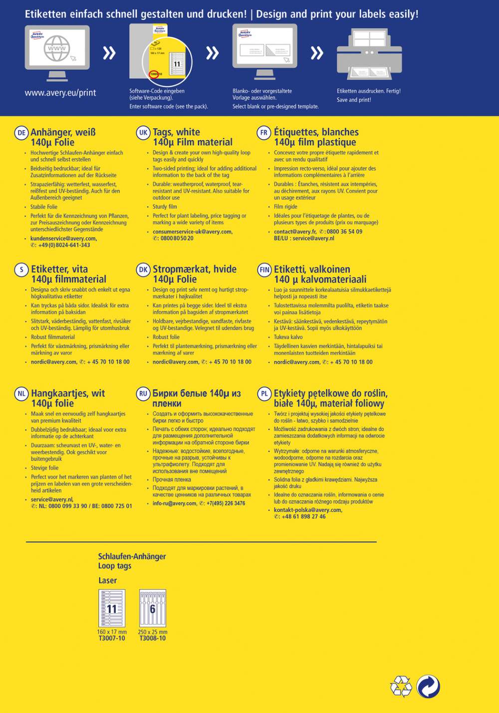 Oznake z zanko bele poliestrske obojestranske Avery Zweckform T3008-10, 250 x 25 mm